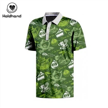 Teh Polo Hijau Cetak Bahan Poliester Golf Polo Wicking Dan Bernapas